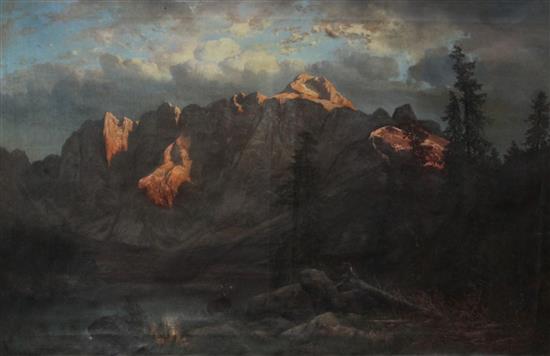 Carl Hasch (1834-1897) Alpine landscape with sunlight on the mountain tops 27 x 43in.